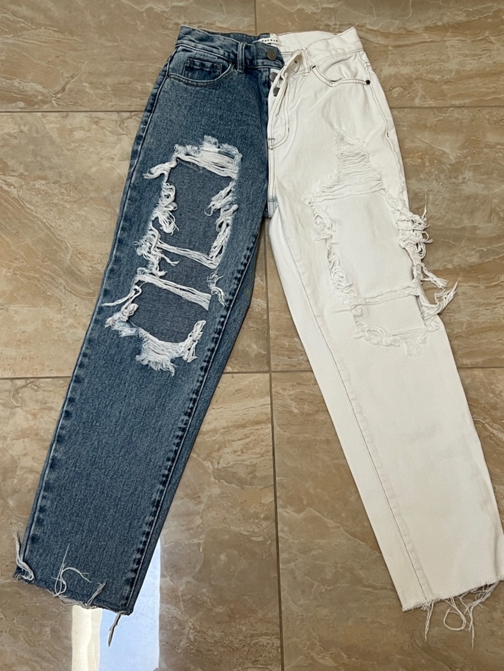 PacSun Two-Tone Distressed Boyfriend Jeans — Dark Blue & White